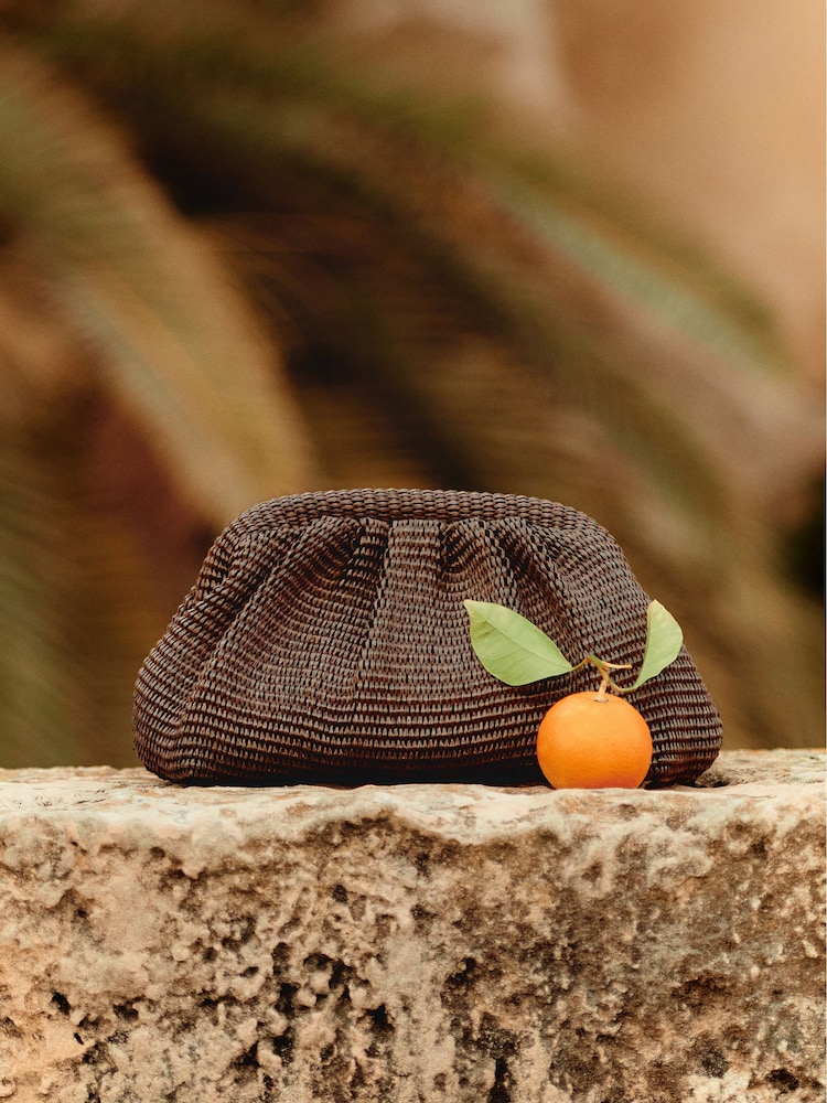 Reiss Chocolate Gia Raffia Clutch Bag - Image 1 of 5