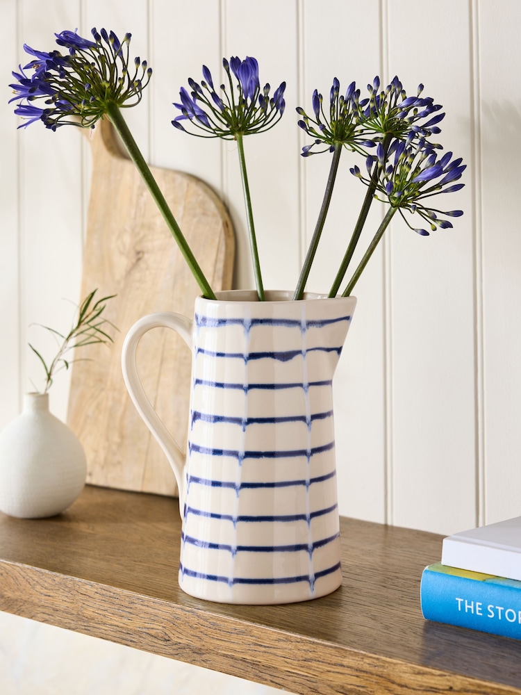 White/Blue Ceramic Striped Jug Vase - Image 1 of 5 White/Blue Ceramic Striped Jug Vase - Image 1 of 5