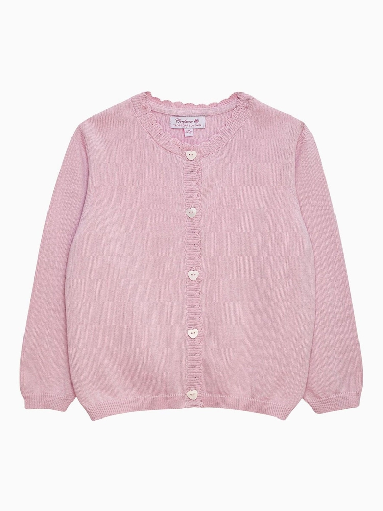 Trotters London Pink 100% Cotton Heart Button Cardigan - Image 1 of 3 Trotters London Pink 100% Cotton Heart Button Cardigan - Image 1 of 3