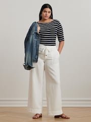 Lauren Ralph Lauren Curve Jovonie Linen Wide Leg Drape White Trousers - Image 3 of 4