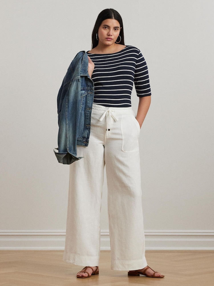 Lauren Ralph Lauren Curve Jovonie Linen Wide Leg Drape White Trousers - Image 3 of 4