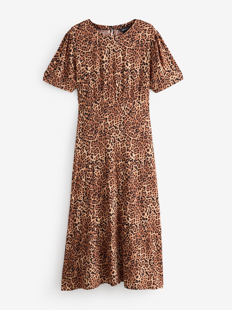 Tan Brown Short Sleeve Animal All-Over Print Waist Maxi - Image 1 of 1