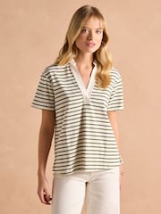 Joules Tallie Khaki/Cream Short Sleeve Combed 100% Cotton Collared Top - Image 1 of 9