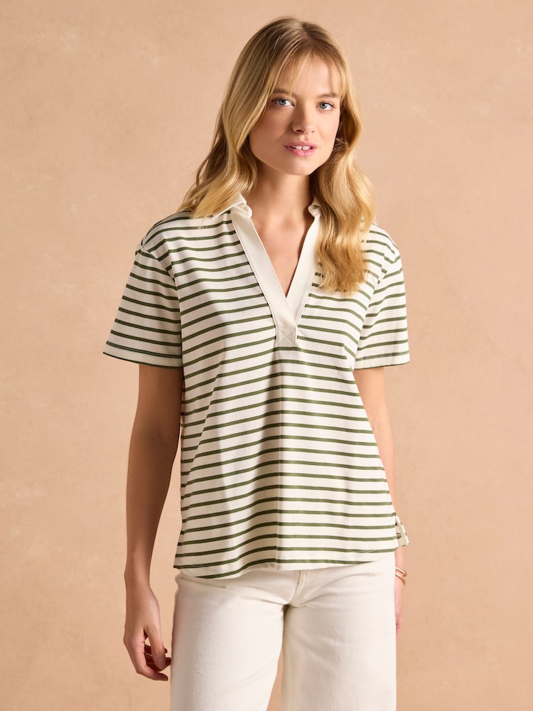 Joules Tallie Khaki/Cream Short Sleeve Combed 100% Cotton Collared Top - Image 1 of 9