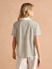 Joules Tallie Khaki/Cream Short Sleeve Combed 100% Cotton Collared Top - Image 2 of 9