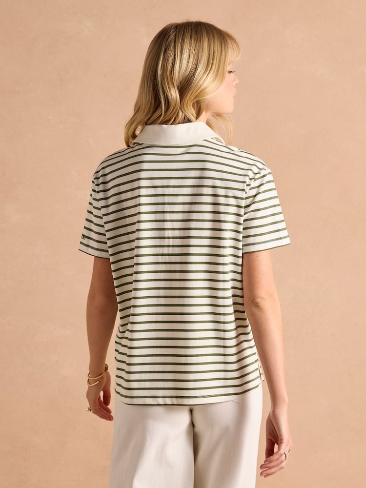 Joules Tallie Khaki/Cream Short Sleeve Combed 100% Cotton Collared Top - Image 2 of 9