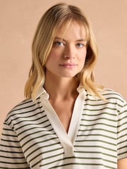 Joules Tallie Khaki/Cream Short Sleeve Combed 100% Cotton Collared Top - Image 4 of 9