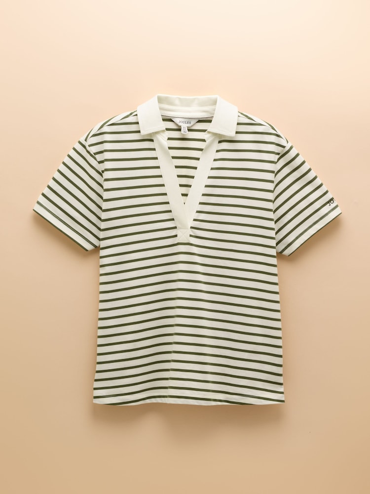 Joules Tallie Khaki/Cream Short Sleeve Combed 100% Cotton Collared Top - Image 9 of 9