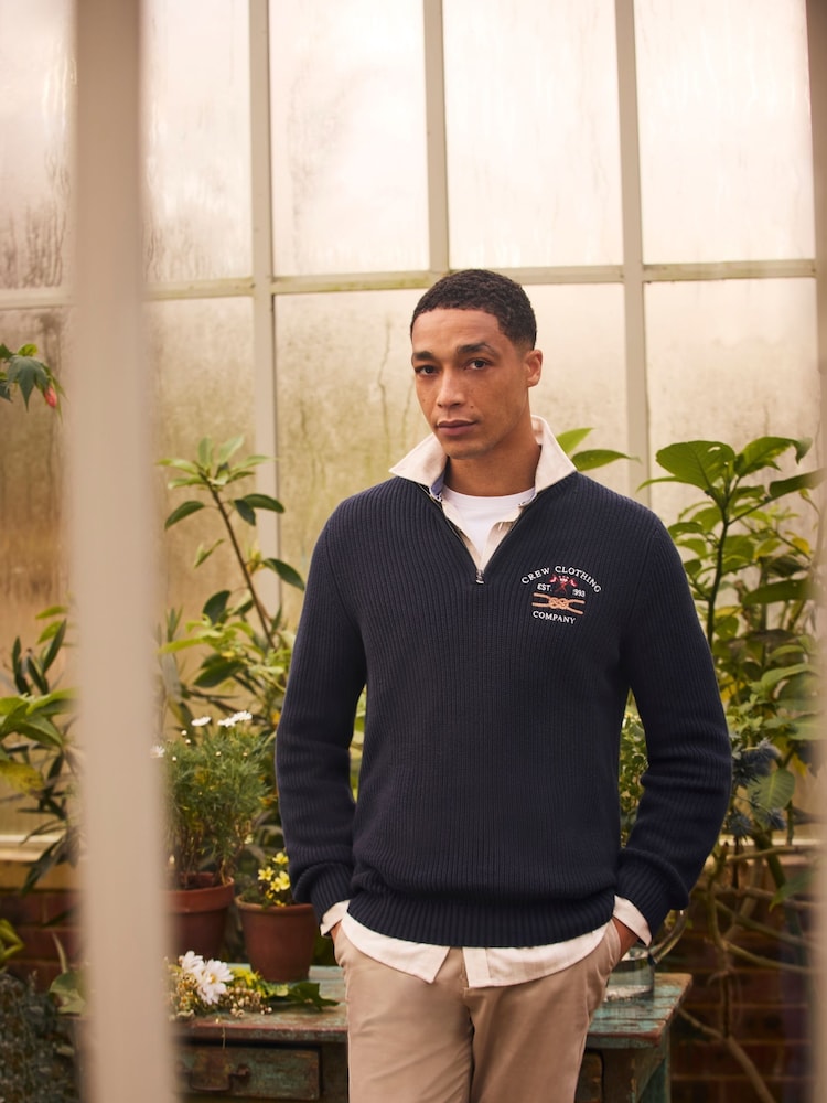Crew Clothing Company Blue Crest Embroidered Half Zip Sweat T-Shirt - Image 1 of 9