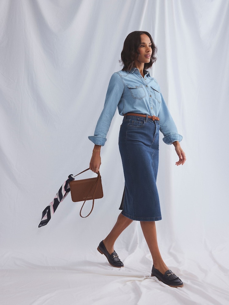 Crew Clothing Company Blue Mia Midi Denim Skirt - Image 1 of 9
