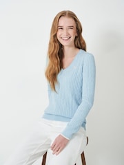 Crew Clothing Blue Chrome Heritage Cable V-Neck Jumper - Image 1 of 5