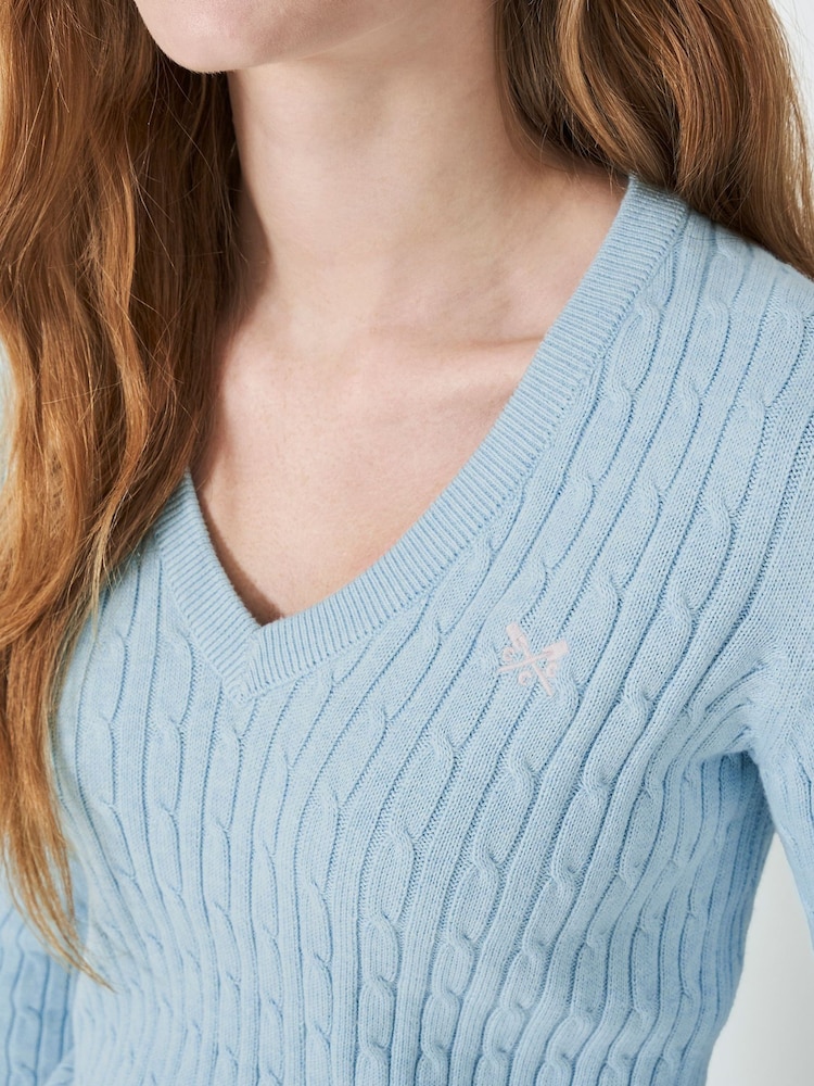 Crew Clothing Blue Chrome Heritage Cable V-Neck Jumper - Image 4 of 5