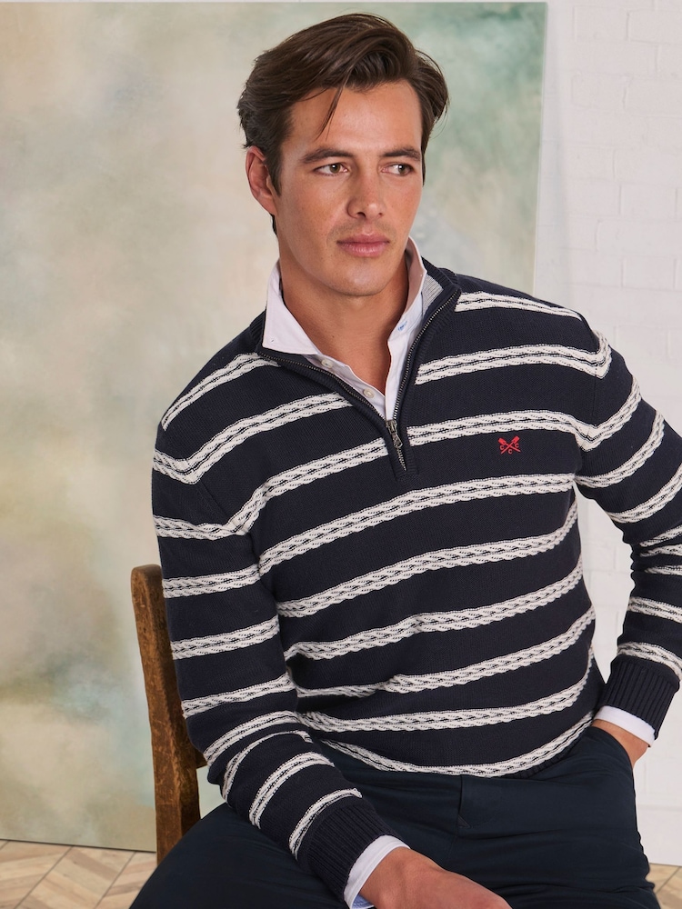 Crew Clothing Company Blue Rope Cable Half Zip Sweatshirt - Image 1 of 8