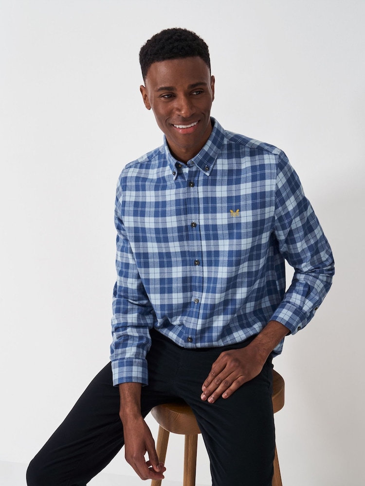 Crew Clothing Blue 100% Cotton Hurst Check Flannel Shirt - Image 1 of 5