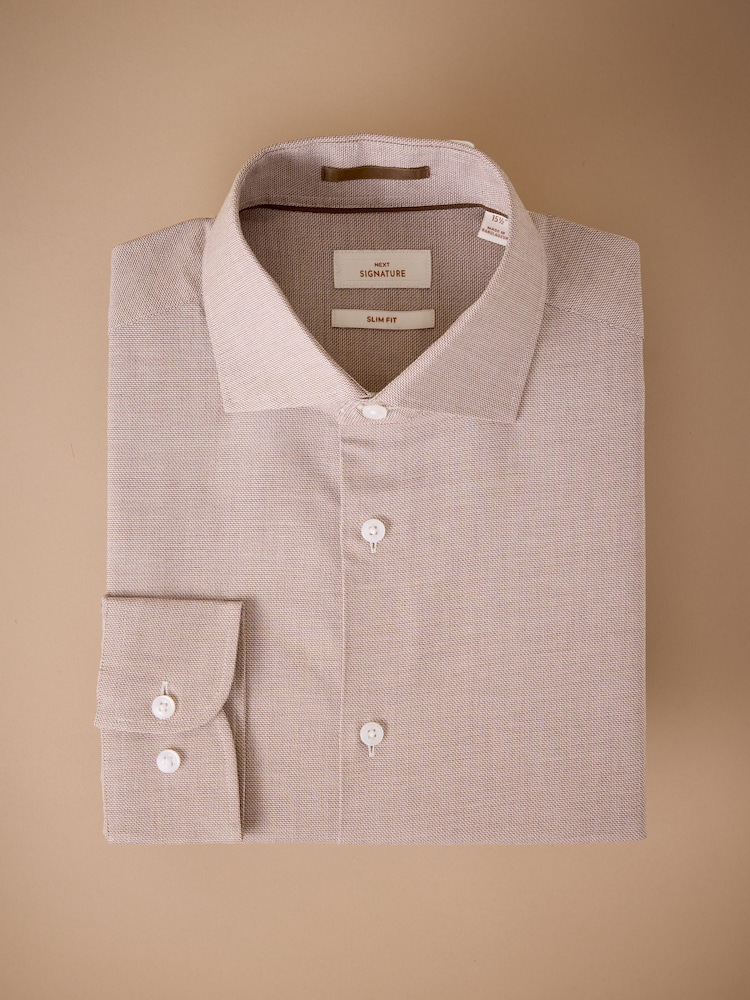Rust Brown Slim Fit Textured Signature 100% Cotton Long Sleeve Shirt - Image 1 of 3