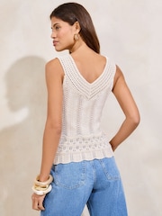 Lipsy Neutral Crochet Stitchy Flower Corsage V-Neck Knit Vest Top - Image 4 of 4