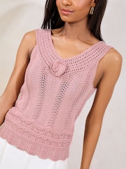 Lipsy Pink Crochet Stitchy Flower Corsage V-Neck Knit Vest Top - Image 1 of 4