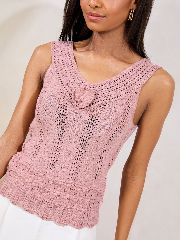 Lipsy Pink Crochet Stitchy Flower Corsage V-Neck Knit Vest Top - Image 1 of 4