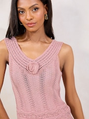 Lipsy Pink Crochet Stitchy Flower Corsage V-Neck Knit Vest Top - Image 3 of 4
