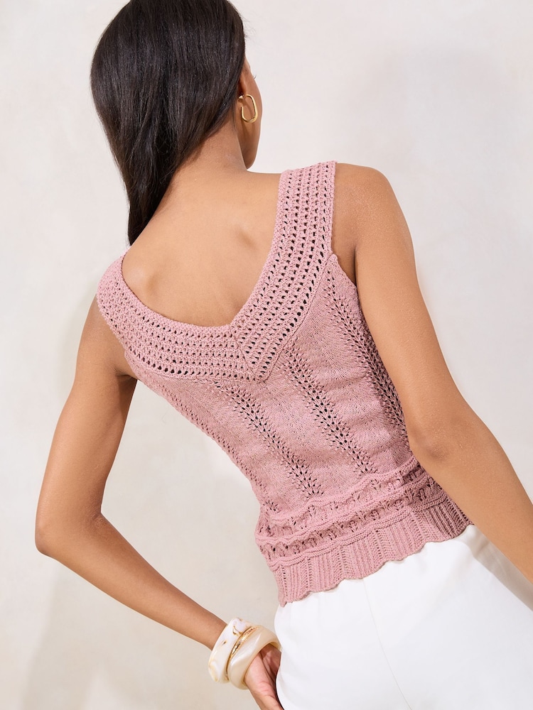 Lipsy Pink Crochet Stitchy Flower Corsage V-Neck Knit Vest Top - Image 4 of 4