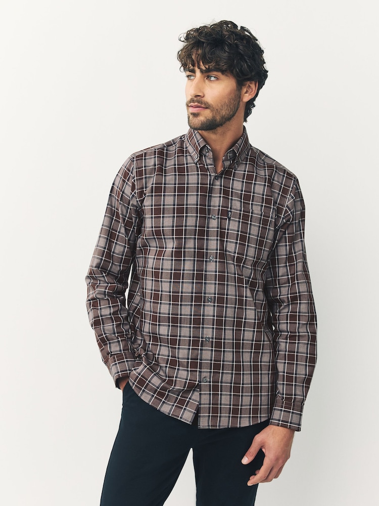 Purple/Brown Gingham Regular Fit Easy Iron Button Down Oxford Shirt - Image 1 of 8
