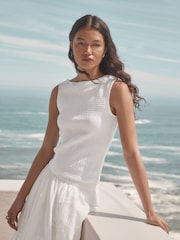 White Shirred Asymmetric Sleeveless Top - Image 1 of 7