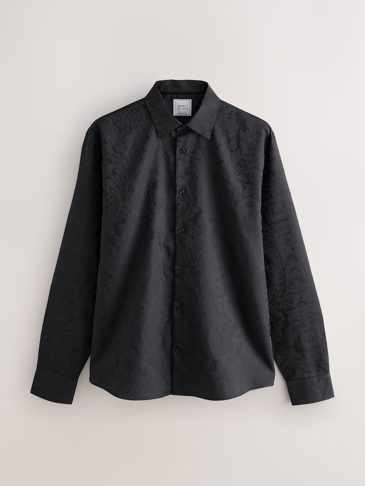 Black Floral Regular Fit Geometric Print Long Sleeve Smart Shirt - Image 1 of 3 Black Floral Regular Fit Geometric Print Long Sleeve Smart Shirt - Image 1 of 3