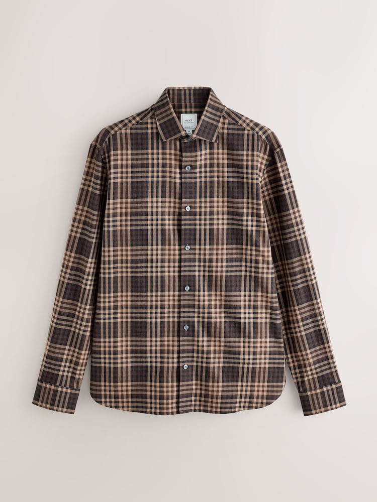 Brown Tonal Regular Fit Check Soft Touch 100% Cotton Smart Long Sleeve Shirt - Image 1 of 3