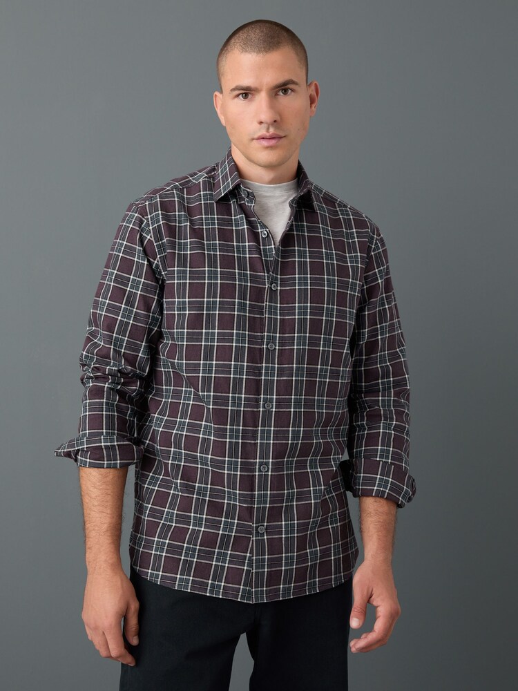 Burgundy Red Regular Fit Check Soft Touch 100% Cotton Smart Long Sleeve Shirt - Image 1 of 7