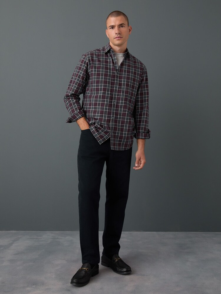 Burgundy Red Regular Fit Check Soft Touch 100% Cotton Smart Long Sleeve Shirt - Image 2 of 7