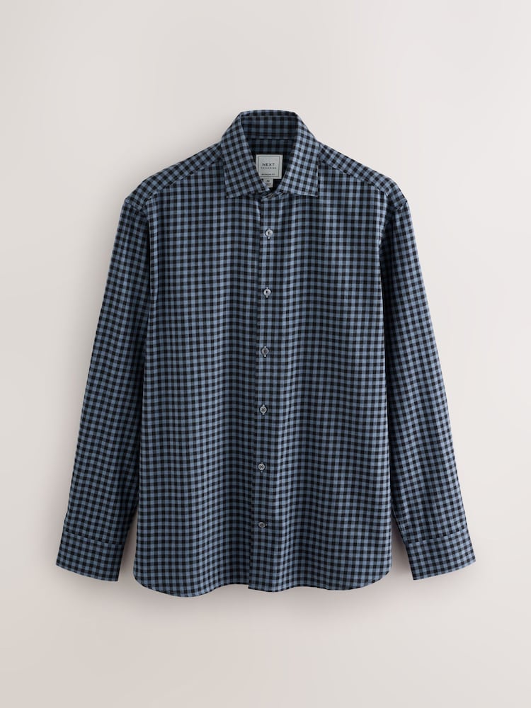 Navy Gingham Regular Fit Check Soft Touch 100% Cotton Smart Long Sleeve Shirt - Image 1 of 4
