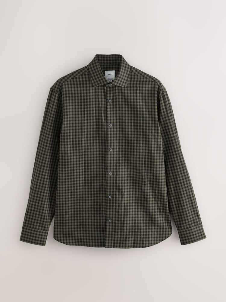 Olive Green Gingham Regular Fit Check Soft Touch 100% Cotton Smart Long Sleeve Shirt - Image 1 of 3