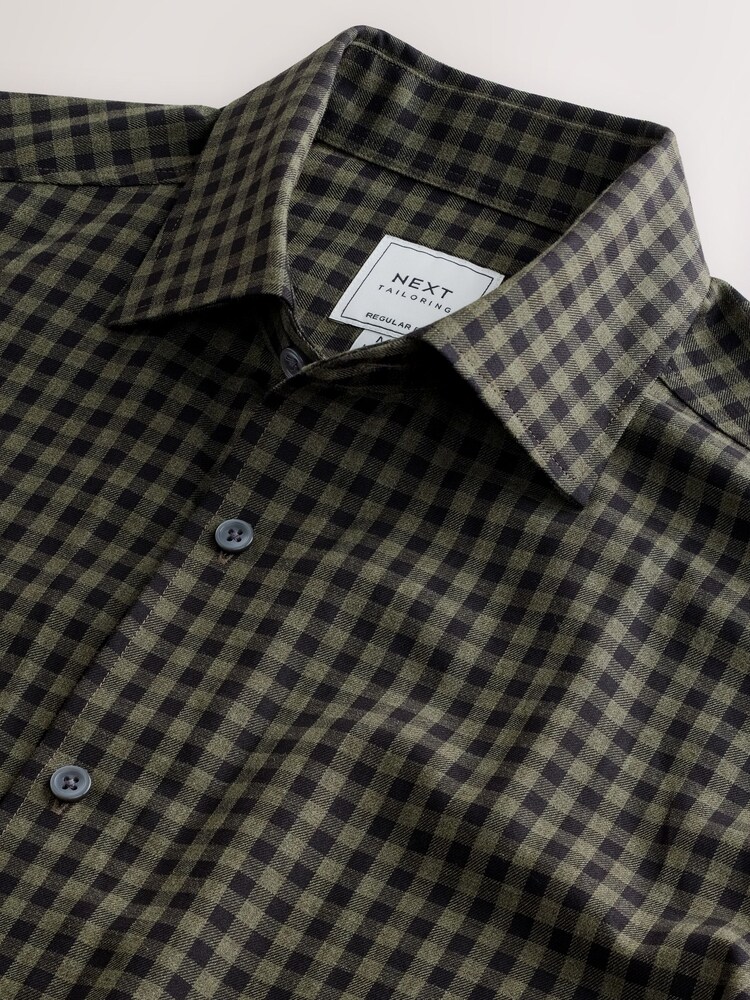 Olive Green Gingham Regular Fit Check Soft Touch 100% Cotton Smart Long Sleeve Shirt - Image 3 of 3