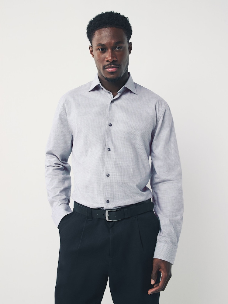 Light Grey Regular Fit Check Soft Touch 100% Cotton Smart Long Sleeve Shirt - Image 1 of 8