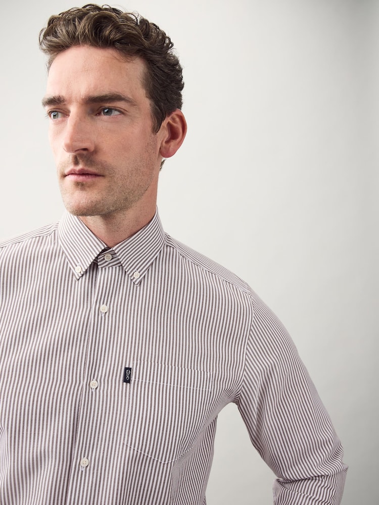 Chocolate Brown Stripe Regular Fit Easy Iron Button Down Oxford Shirt - Image 1 of 8