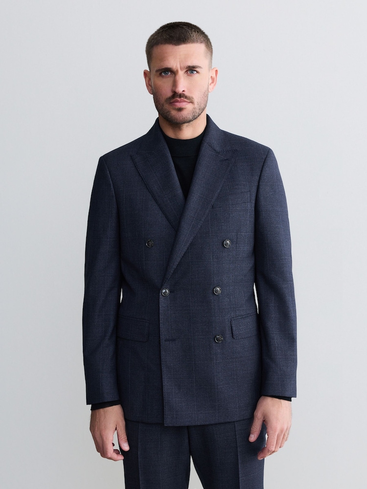 Navy Signature Marzotto Italian Check Fabric Double Breasted Suit Jacket - Image 1 of 9 Navy Signature Marzotto Italian Check Fabric Double Breasted Suit Jacket - Image 1 of 9
