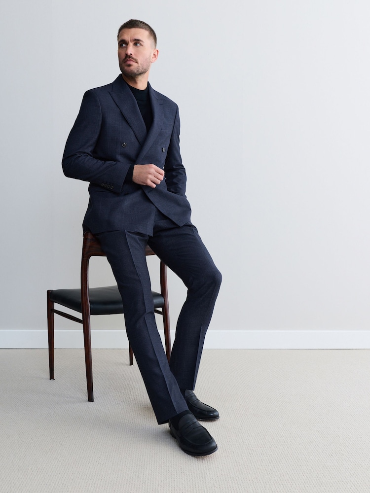 Navy Signature Marzotto Italian Check Fabric Double Breasted Suit Jacket - Image 2 of 9 Navy Signature Marzotto Italian Check Fabric Double Breasted Suit Jacket - Image 2 of 9