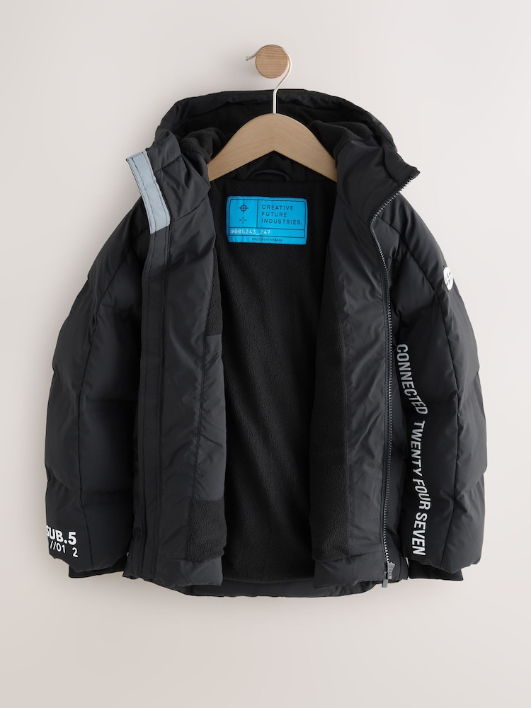 Buy Black/White Shower Resistant Microfleece Lined Padded Coat (3