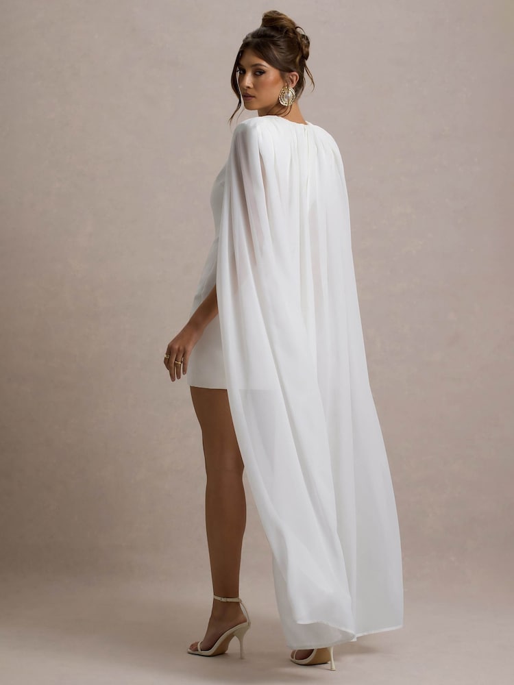 Club L London White Elysium Bodycon Mini Bridal Dress With Chiffon Cape - Image 4 of 8