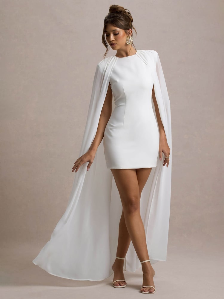 Club L London White Elysium Bodycon Mini Bridal Dress With Chiffon Cape - Image 7 of 8