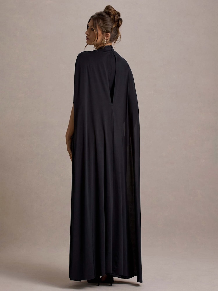 Club L London Black Olessia Belted Gathered Cape-Sleeve Maxi Dress - Image 2 of 6