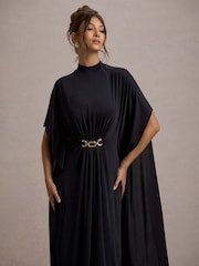 Club L London Black Olessia Belted Gathered Cape-Sleeve Maxi Dress - Image 3 of 6