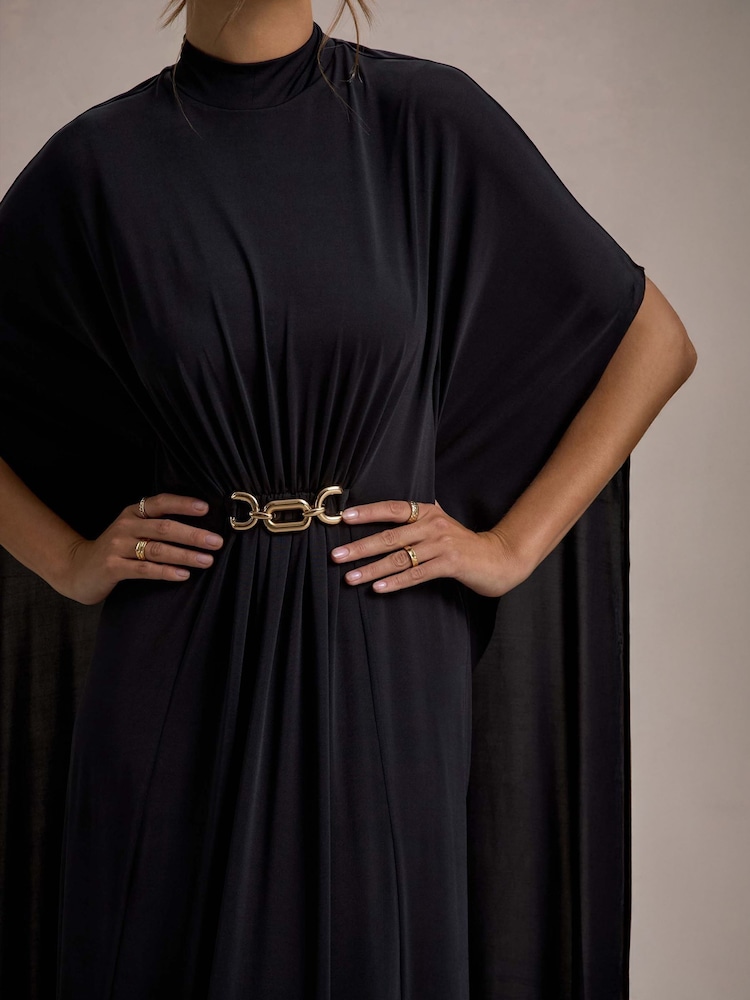 Club L London Black Olessia Belted Gathered Cape-Sleeve Maxi Dress - Image 4 of 6