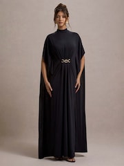 Club L London Black Olessia Belted Gathered Cape-Sleeve Maxi Dress - Image 6 of 6