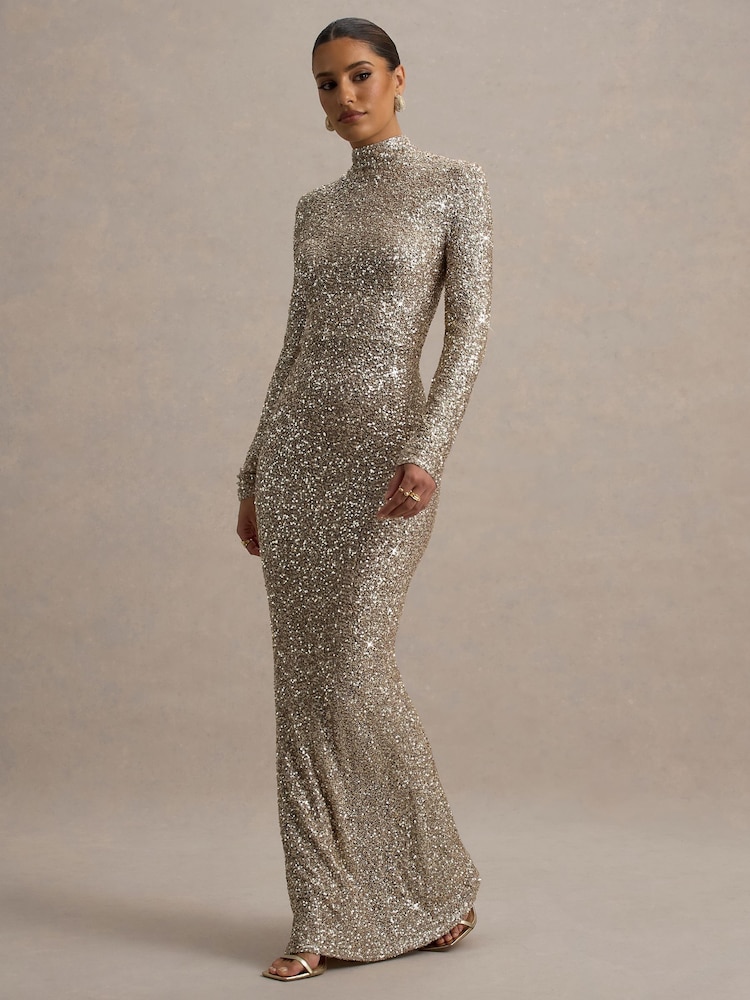 Club L London Gold Galaxy Sequin Turtle Neck Long Sleeve Maxi Dress - Image 5 of 8