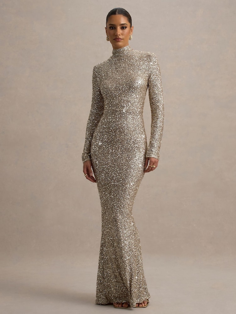 Club L London Gold Galaxy Sequin Turtle Neck Long Sleeve Maxi Dress - Image 6 of 8