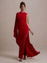 Club L London Red Yuna Draped Maxi Dress With Cape - Image 1 of 6