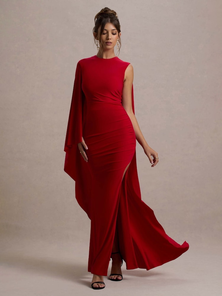 Club L London Red Yuna Draped Maxi Dress With Cape - Image 1 of 6