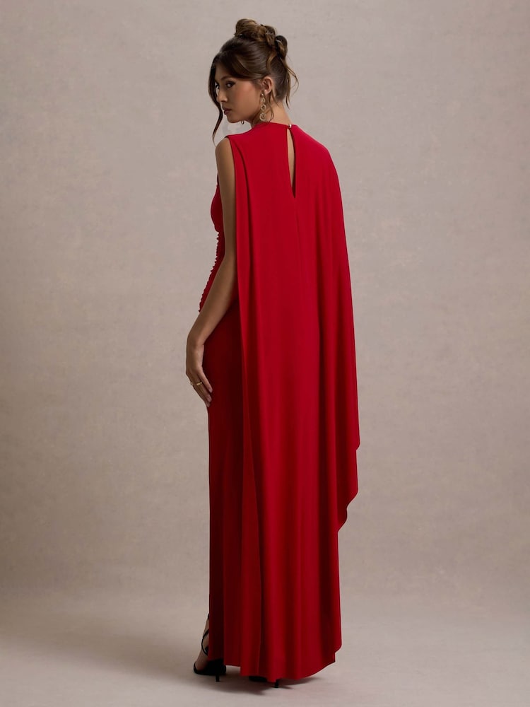 Club L London Red Yuna Draped Maxi Dress With Cape - Image 2 of 6