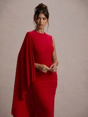 Club L London Red Yuna Draped Maxi Dress With Cape - Image 4 of 6